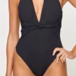 Sexy Ribbed Black One-Piece Swimsuit